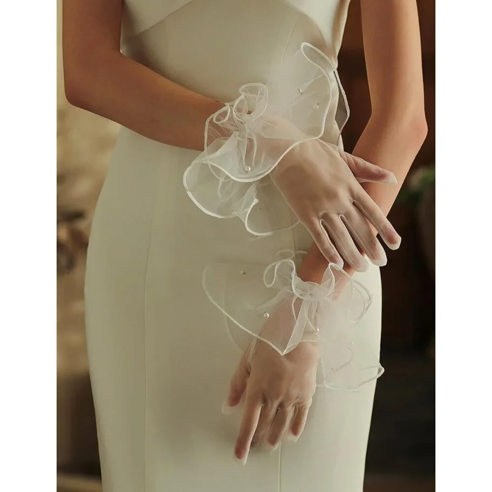 Women's Formal Evening Burgundy Short Mesh Tulle Gloves Wedding Party Costume
